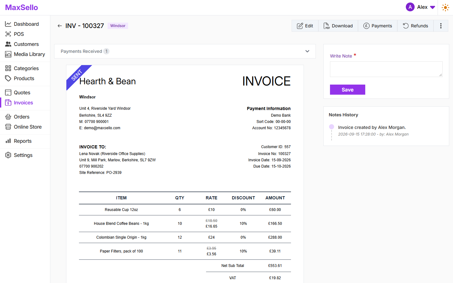 Maxsello Invoices & quotes screen